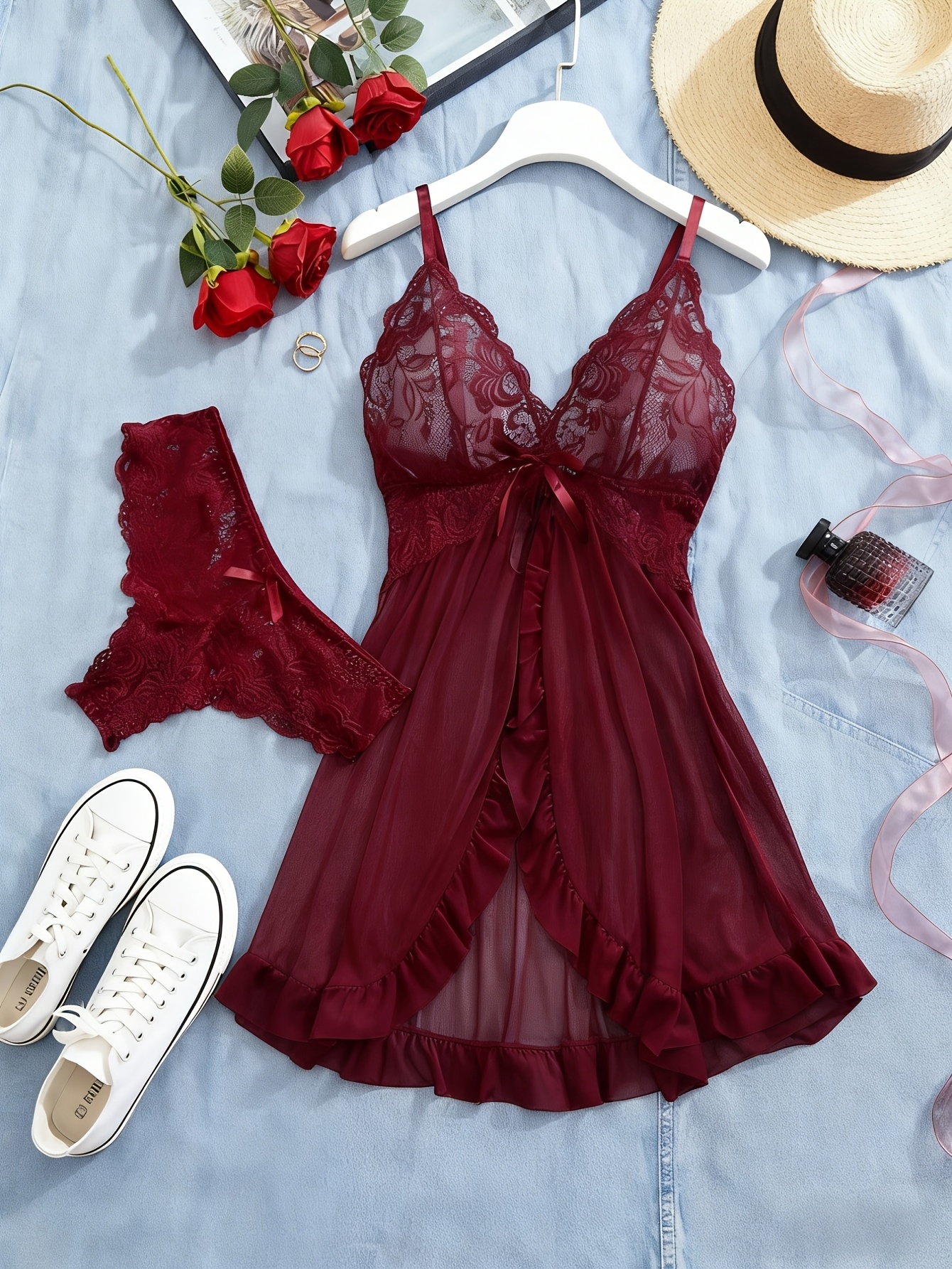 Front-Closure Mesh Camisole Set — Burgundy (Look 02)